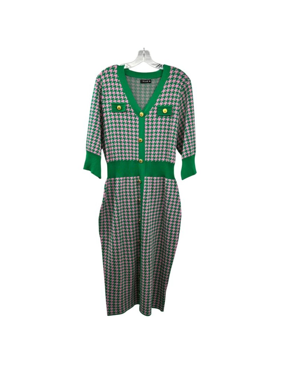 ILLord Womens Sweater Dress Maxi Houndstooth Green/Pink 3/4 Sleeve Size 1X